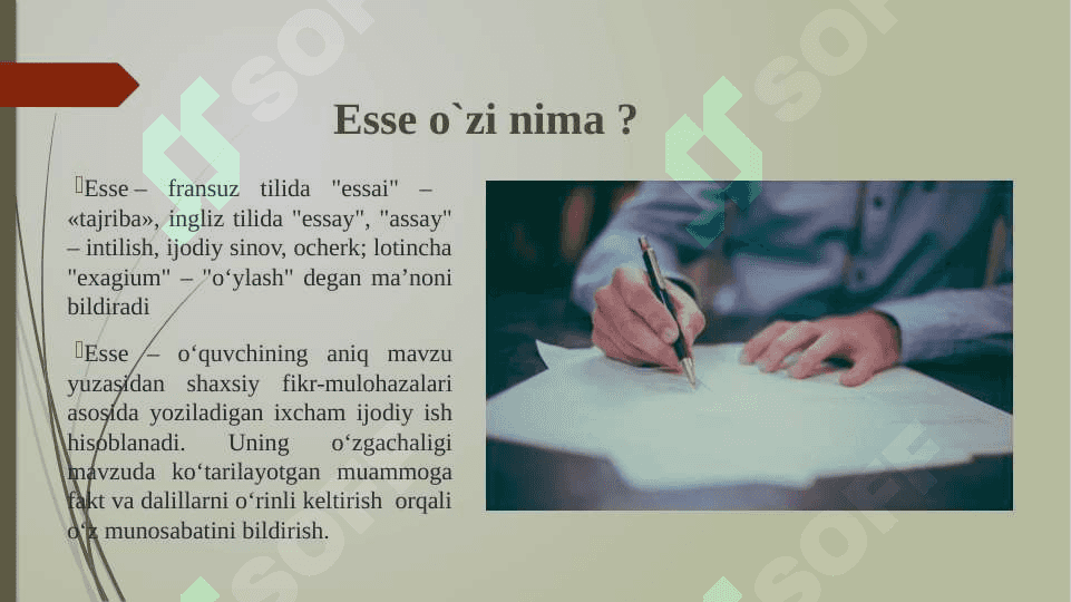 Essening òziga xos xususiyatlari , essening yoziwdagi talablar. 3