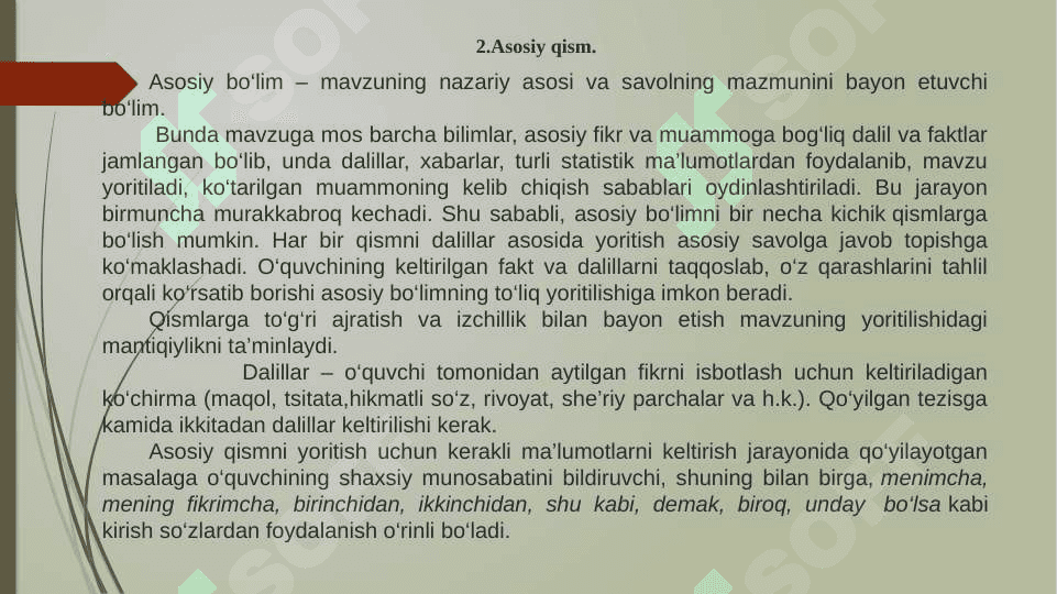 Essening òziga xos xususiyatlari , essening yoziwdagi talablar. 8