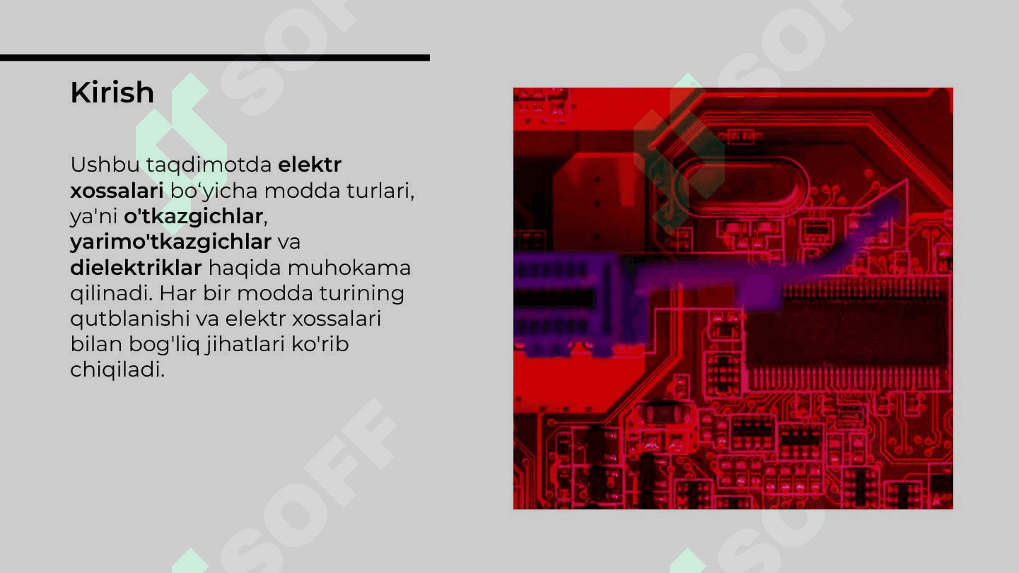 Elektr xossalariga ko‘ra modda turlari O‘tkazgichlar, yarimo‘tkazgichlar, dielektriklar. Dielektriklarning  qutblanishi. Kondensator 2