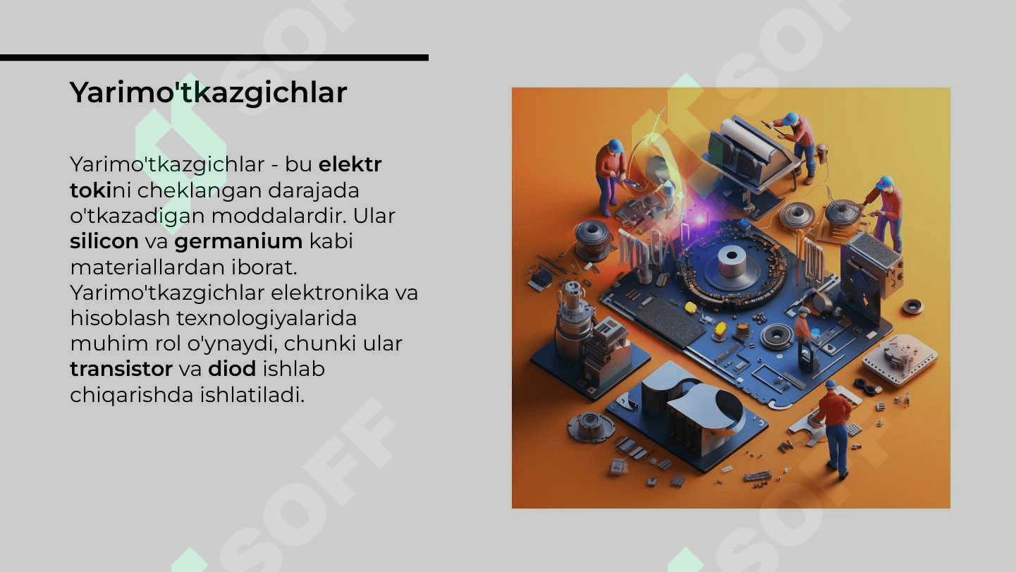 Elektr xossalariga ko‘ra modda turlari O‘tkazgichlar, yarimo‘tkazgichlar, dielektriklar. Dielektriklarning  qutblanishi. Kondensator 4