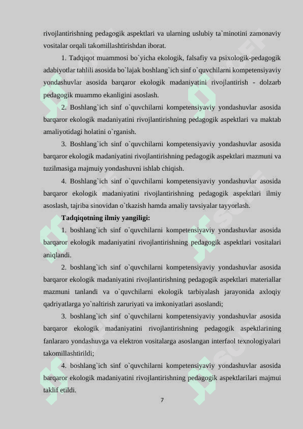BOSHLANG`IСH SINF O`QUVСHILARINI KOMPЕTЕNSIYAVIY YONDASHUVLAR ASOSIDA BARQAROR ЕKOLOGIK MADANIYATINI RIVOJLANTIRISH 7