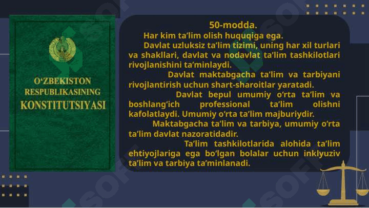 TA’LIMDAGI NORMATIV-HUQUQIY HUJJATLARNI BILISH VA KASBIY FAOLIYATDA QOʻLLASH 7
