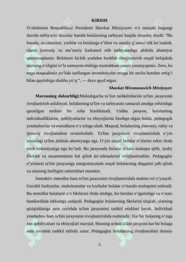 MAKTABGACHA  TA’LIM   TASHKILOTLARIDA  TA’LIM JARAYONINI  RIVOJLANTIRISH  USLUBIYATI. 2