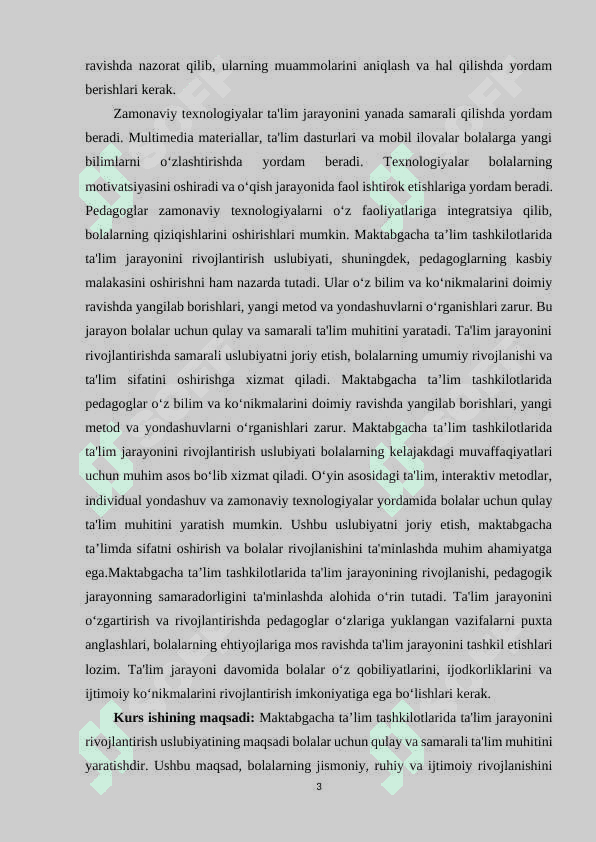 MAKTABGACHA  TA’LIM   TASHKILOTLARIDA  TA’LIM JARAYONINI  RIVOJLANTIRISH  USLUBIYATI. 3