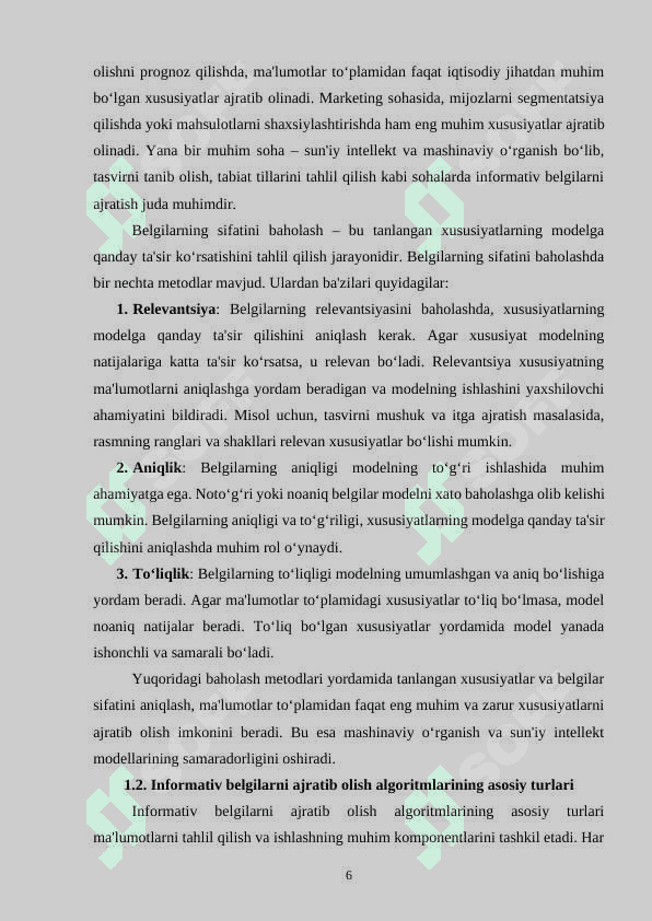 Ma’lumotlar to‘plamidan informativ belgilarni ajratib olish algoritmlarining taqqosiy tahlili 6