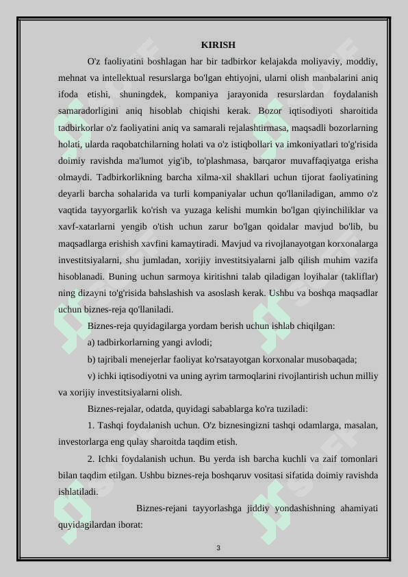 Korxonaning biznes rejasi kurs ishi 3