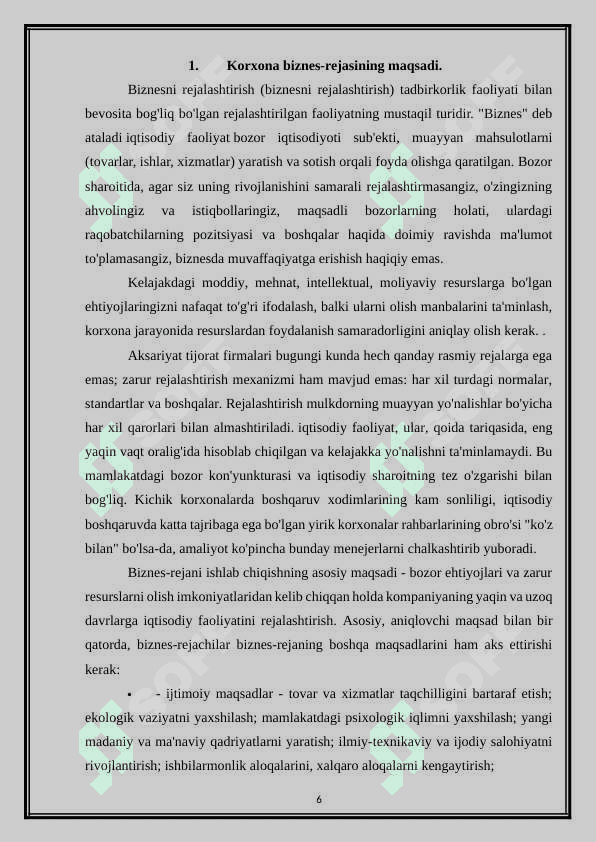 Korxonaning biznes rejasi kurs ishi 6