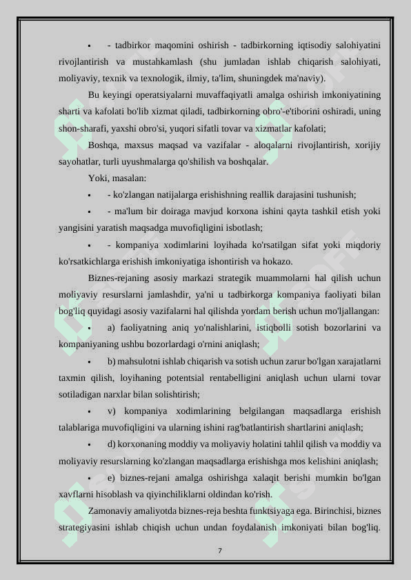 Korxonaning biznes rejasi kurs ishi 7