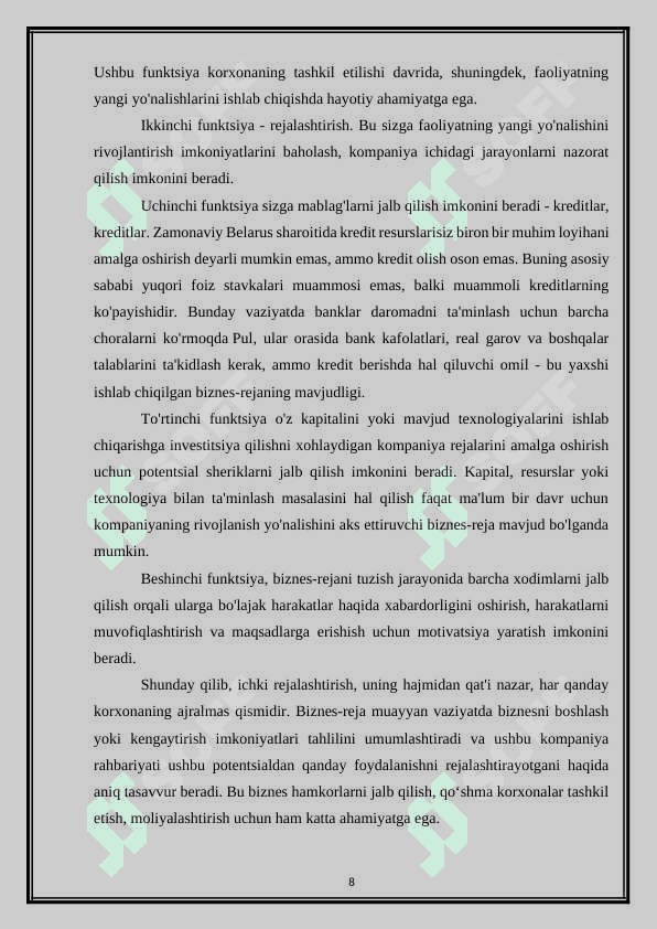 Korxonaning biznes rejasi kurs ishi 8