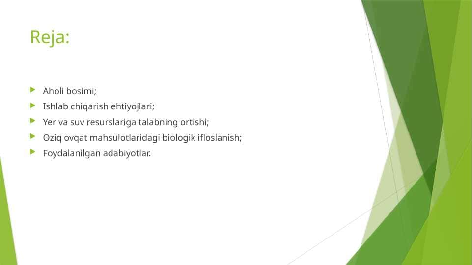 Aholi bosim Ishlab chiqarish ehtiyojlari  Yer va suv resurslarig Oziq ovqat mahsulotlaridagi biologik ifloslanisha talabning ortishi