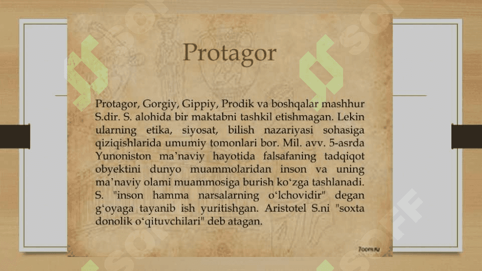 PROTAGOR,UNING NOTIQLIK SOHASIDAGI XIZMATLARI 4