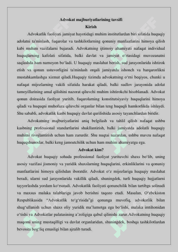 Advokat majburiyatlarining tavsifi 2
