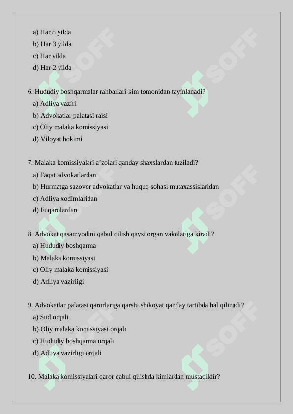 Advokatning O’zbekiston Respublikasi Advokatlar palatasi va uning hududiy boshqarmalari organlari, shuningdek malaka komissiyalari bilan munosabatlari.  test savollari 2