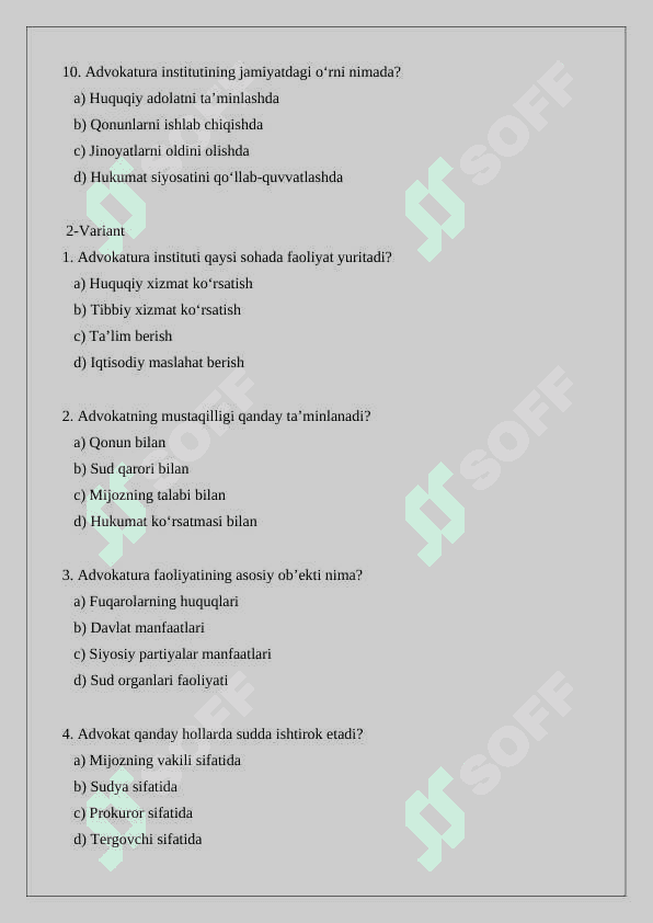 Advokatura institutining oziga xos xususiyatlari test savollari 3