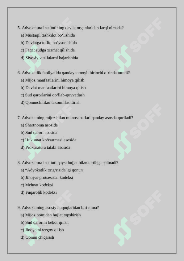 Advokatura institutining oziga xos xususiyatlari test savollari 4