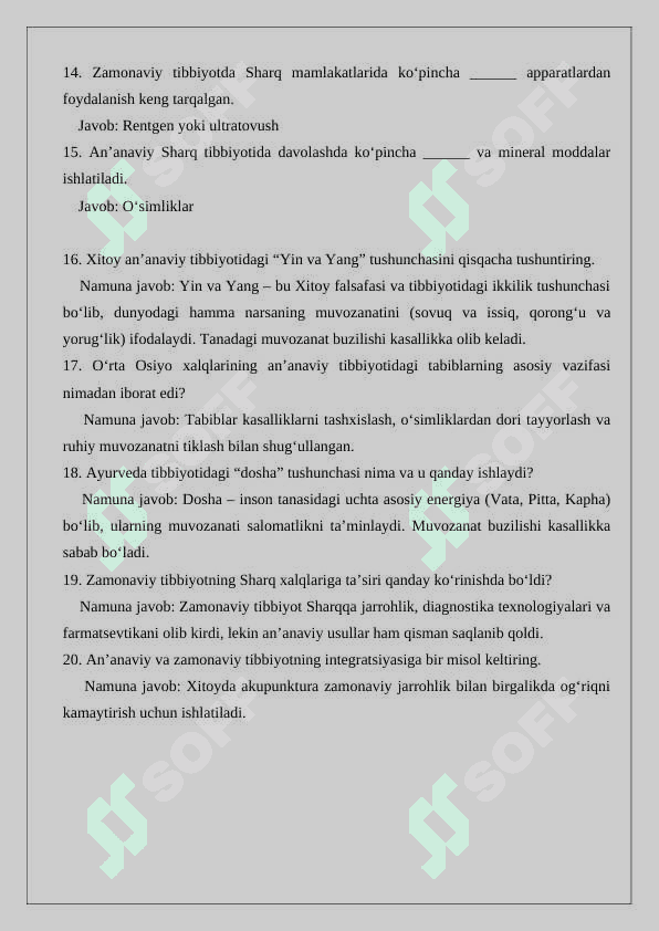 Sharq xalqlarining tibbiyot antropologiyasi  An’anaviy va zamonaviy tibbiyot  test savollari 3