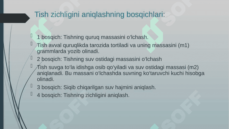 Tishning zichligini gidrostatik tortish usulida aniqlash 4