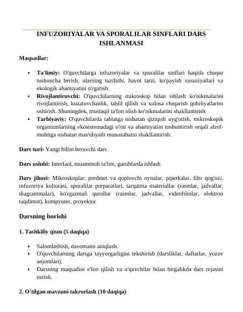 Infuzoriyalar va Sporalilar Sinflari Dars Ishlanmasi