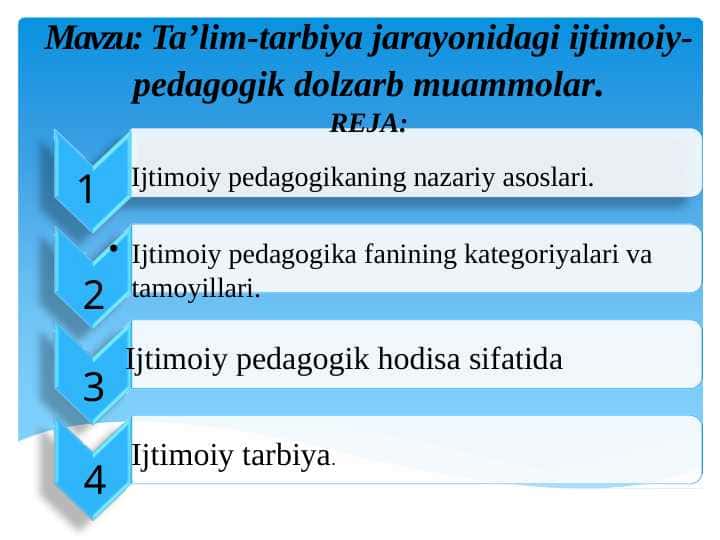 Ta’lim-tarbiya jarayonidagi ijtimoiy-pedagogik dolzarb muammolar.