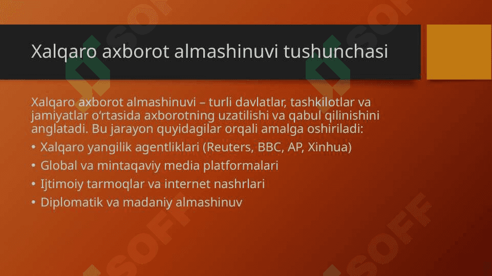 Xalqaro axborot almashinuv jarayoniga Ozbekiston OAVlarining integratsiya yo`llari mavzusida slayd 5
