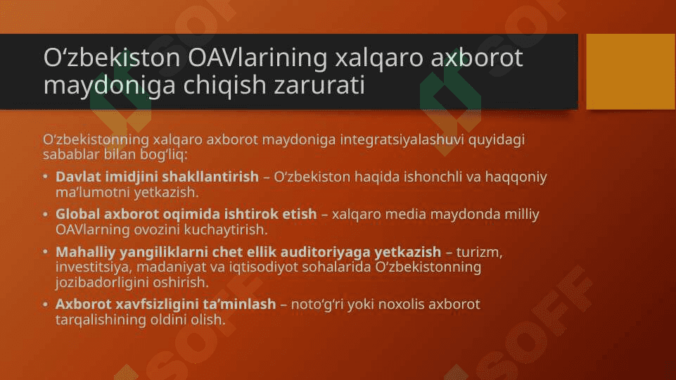 Xalqaro axborot almashinuv jarayoniga Ozbekiston OAVlarining integratsiya yo`llari mavzusida slayd 7