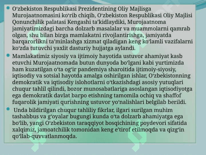 O’ZBEKISTON REPUBLIKASI PREZIDENTINI OLIY MAJLISGA MUROJATNOMALARI TO’G’RISIDA 2
