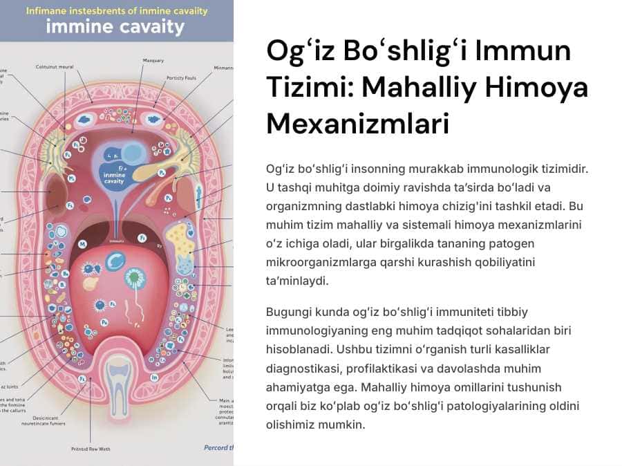 Me'yorda va patologiyada ogʻiz boʻshligʻi immun tizimining ahamiyati. Ogʻiz boʻshligʻi mahalliy himoya omillari va ularni oʻrganish usullari.