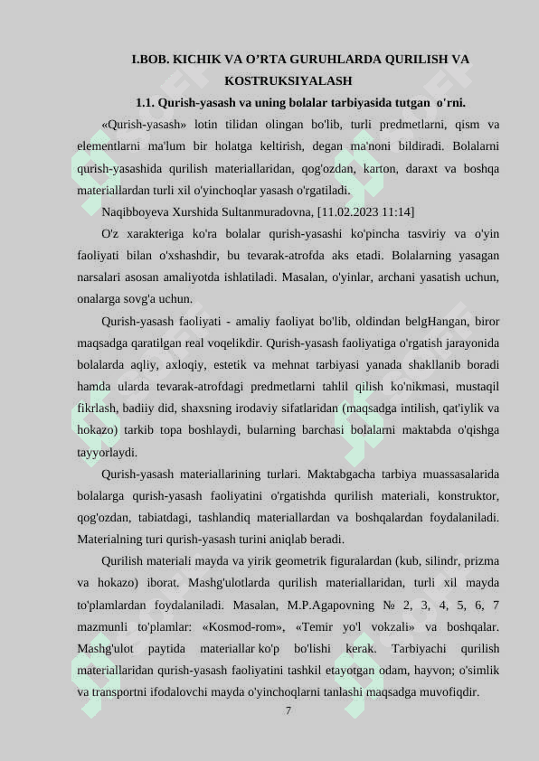 KICHIK VA O’RTA GURUHLARDA QURILISH VA KONSTRUKSIYALASH BO’YICHA FAOLIYATLARNI LOYIHALASHTIRISH. 6