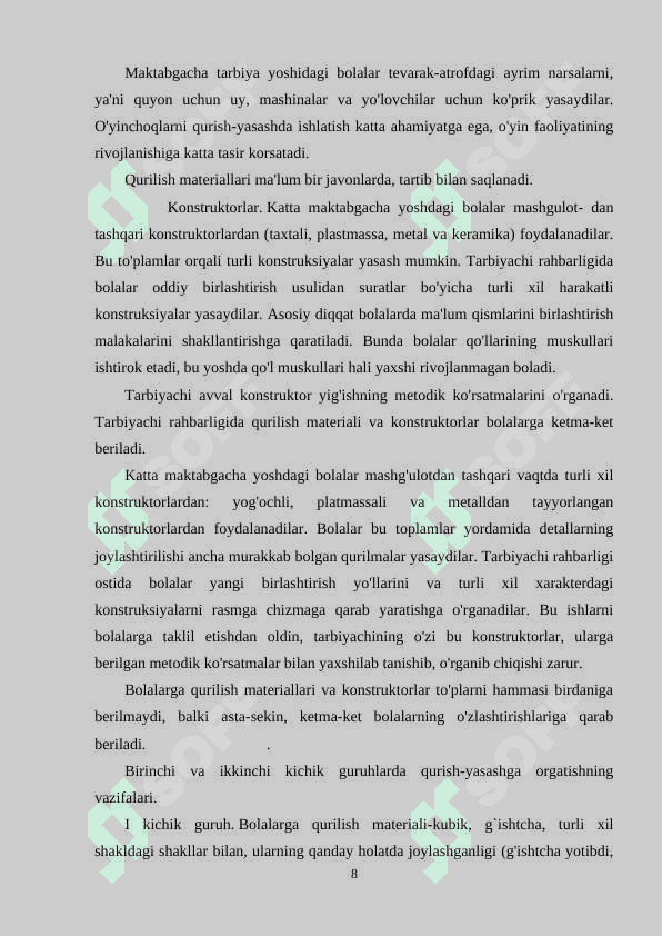 KICHIK VA O’RTA GURUHLARDA QURILISH VA KONSTRUKSIYALASH BO’YICHA FAOLIYATLARNI LOYIHALASHTIRISH. 7