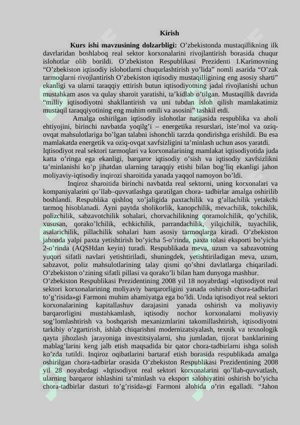 IQTISODIYOTNING REAL SEKTORI VA KORXONALARNING IQTISODIY SAMARADORLIGINI OSHIRISH KURS ISHI 3