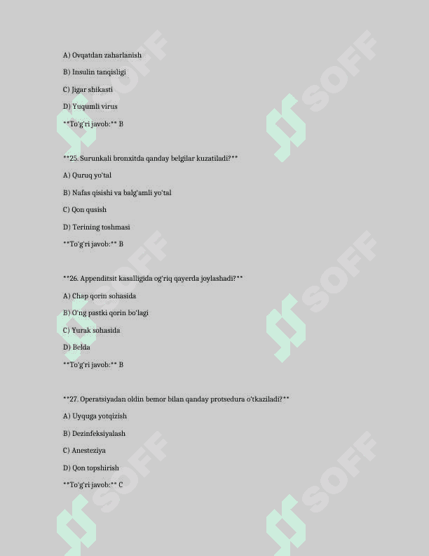 Tibbiyot bo‘yicha nostrifikatsiya testlari (200 ta  test javoblari bilan.) 6