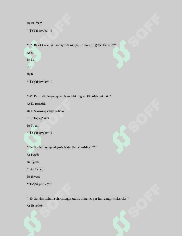 Tibbiyot bo‘yicha nostrifikatsiya testlari (200 ta  test javoblari bilan.) 8