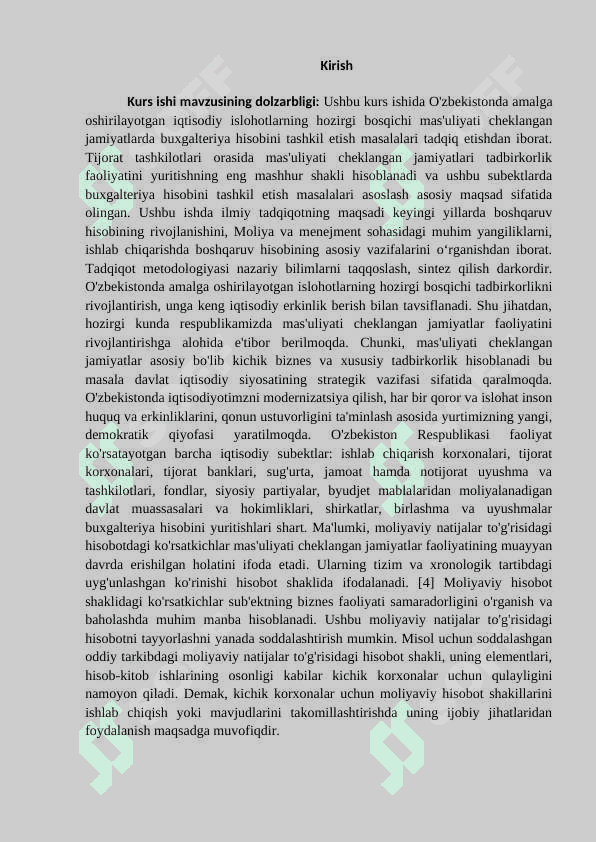 MAS’ULIYATI CHEKLANGAN VA QO’SHIMCHA MAS’ULIYATLI JAMIYATLARNING TASHKILIY IQTISODIY ASOSLARI KURS ISHI 3