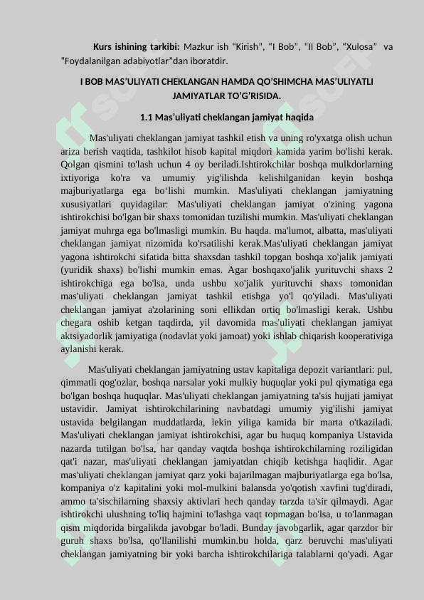 MAS’ULIYATI CHEKLANGAN VA QO’SHIMCHA MAS’ULIYATLI JAMIYATLARNING TASHKILIY IQTISODIY ASOSLARI KURS ISHI 6