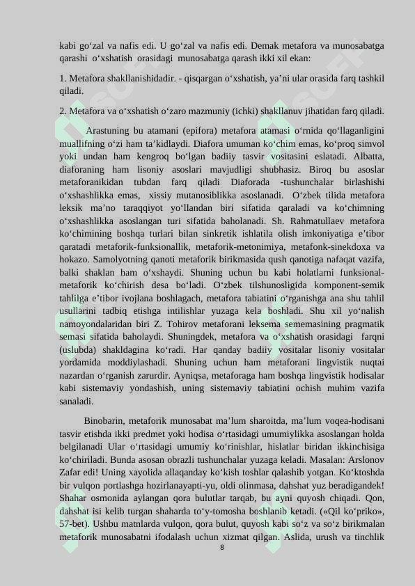Metaforaning badiiy san’at hosil qilish xususiyatlari KURS ISHI 8