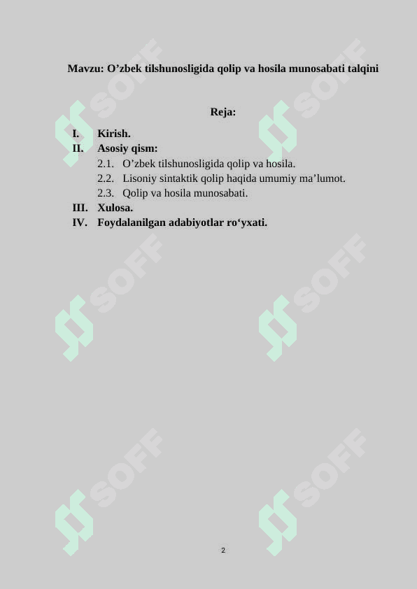 O’zbek tilshunosligida qolip va hosila munosabati talqini Kurs ishi 2