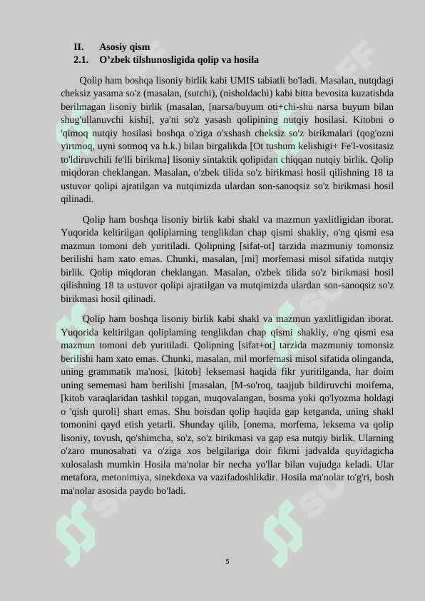O’zbek tilshunosligida qolip va hosila munosabati talqini Kurs ishi 5