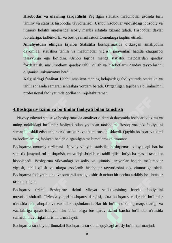 Statistika hisobot               HISOBOT DAFTARI               Amaliyot  hisobot                  MALAKAVIY AMALIYOT (BITIRUV OLDI) 8