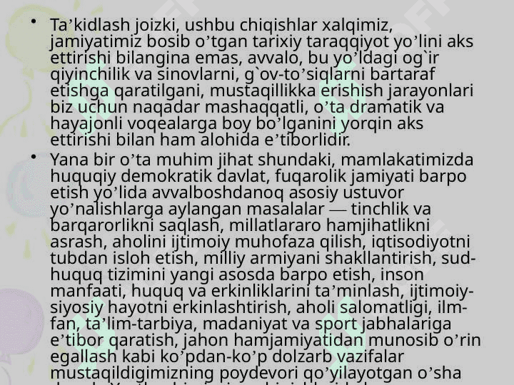 Mustaqil O`zbekiston Demokratik huquqiy davlat fuqarolik jamiyati asoslarini shakllantirish jarayoni 8