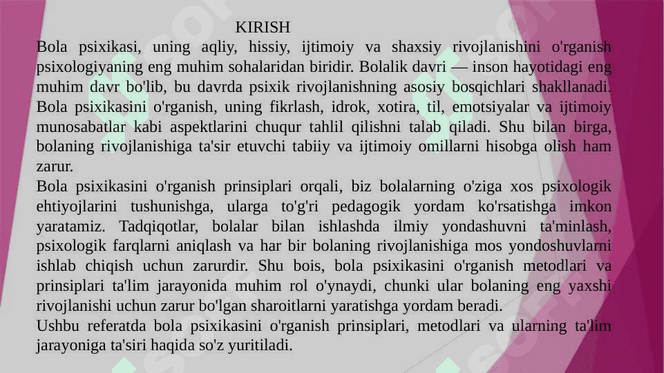 Bola psixikasini o'rganish prinsiplari 2