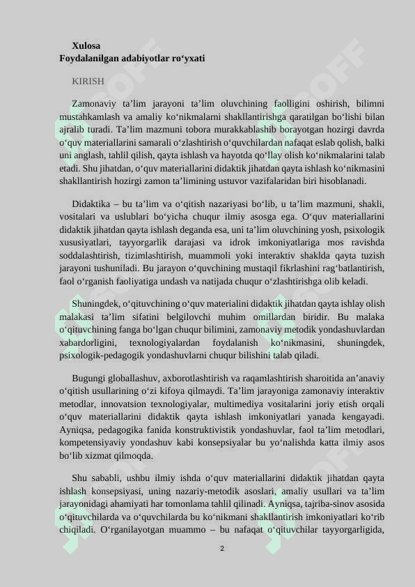 Oʻquv materiallarini didaktik jihatdan qayta ishlay olishini shakllantirish. KURS ISHI 2