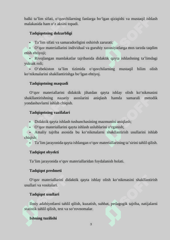 Oʻquv materiallarini didaktik jihatdan qayta ishlay olishini shakllantirish. KURS ISHI 3