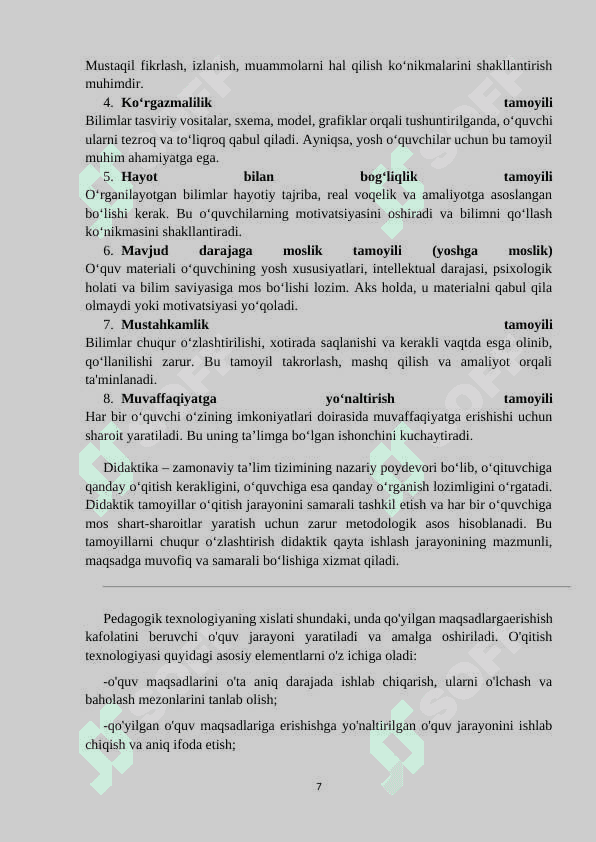 Oʻquv materiallarini didaktik jihatdan qayta ishlay olishini shakllantirish. KURS ISHI 7