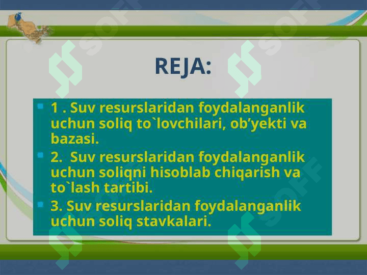 SUV RESURSLARIDAN FOYDALANGANLIK UCHUN SOLIQ ELEMENTLARI 2