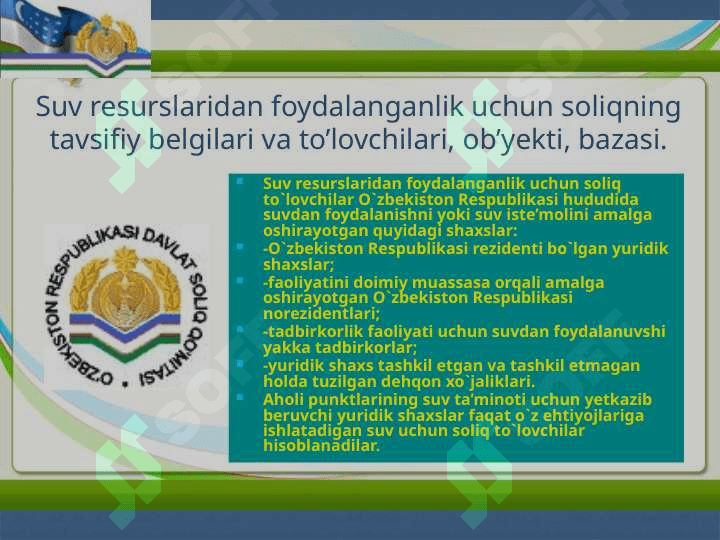 SUV RESURSLARIDAN FOYDALANGANLIK UCHUN SOLIQ ELEMENTLARI 3