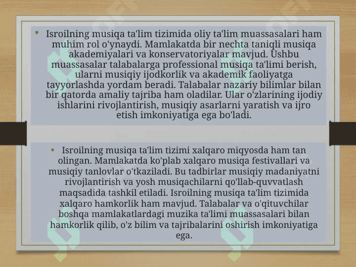 Xorijiy mamlakatlarda musiqa ta'limi tizimi.ISROIL DAVLATI 3