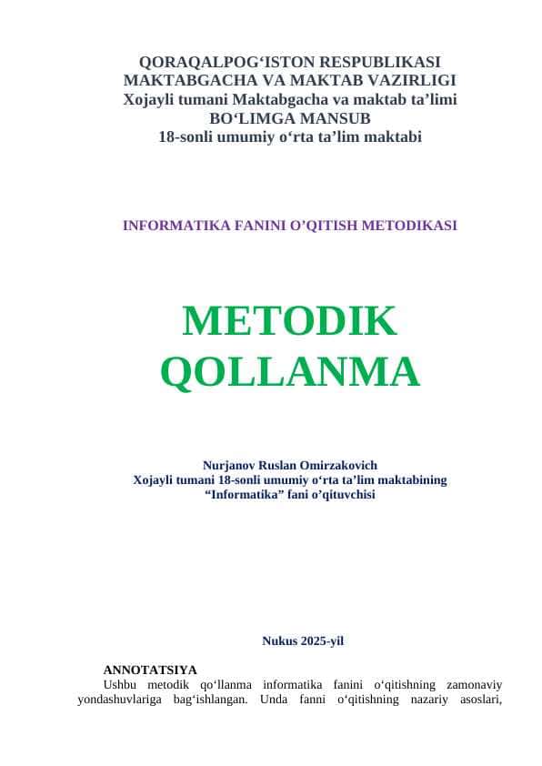 INFORMATIKA FANINI O’QITISH METODIKASI 1