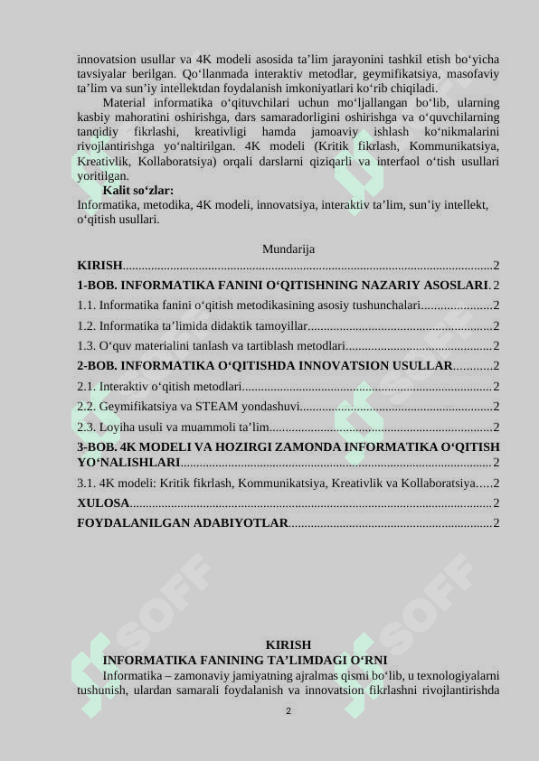 INFORMATIKA FANINI O’QITISH METODIKASI 2