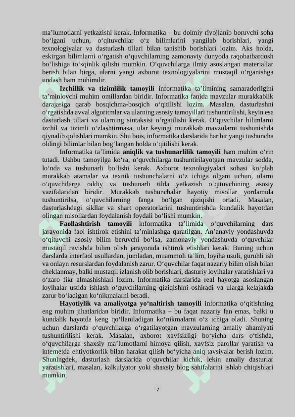 INFORMATIKA FANINI O’QITISH METODIKASI 7