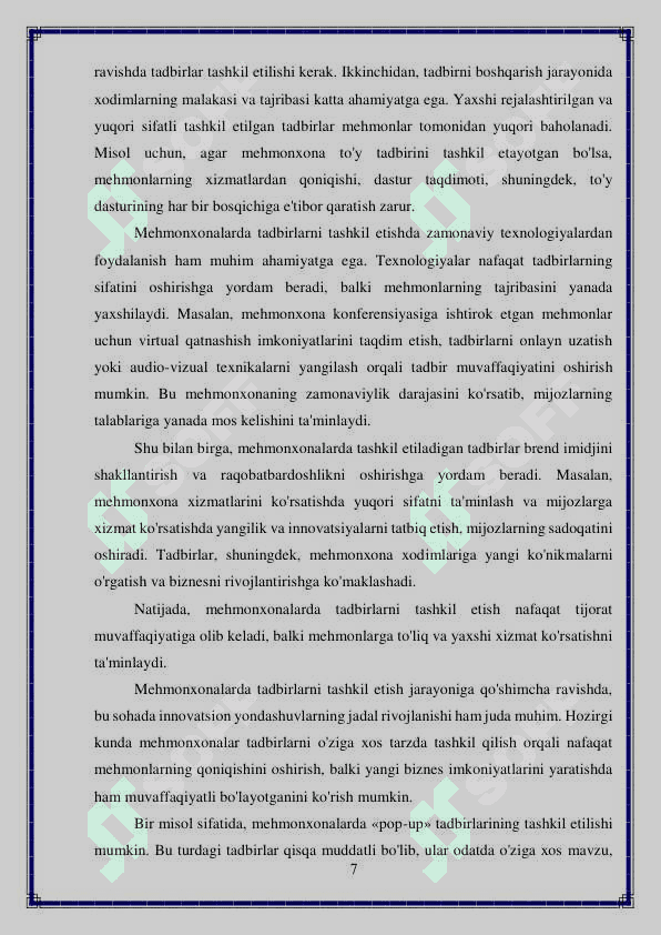 Mehmonxonalarda tashkil etiladigan ommaviy tadbirlarning oʼziga xosligi 7